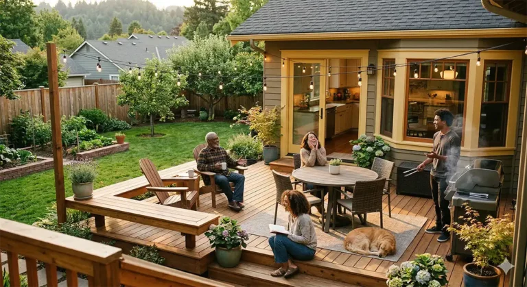 Family enjoying their backyard deck