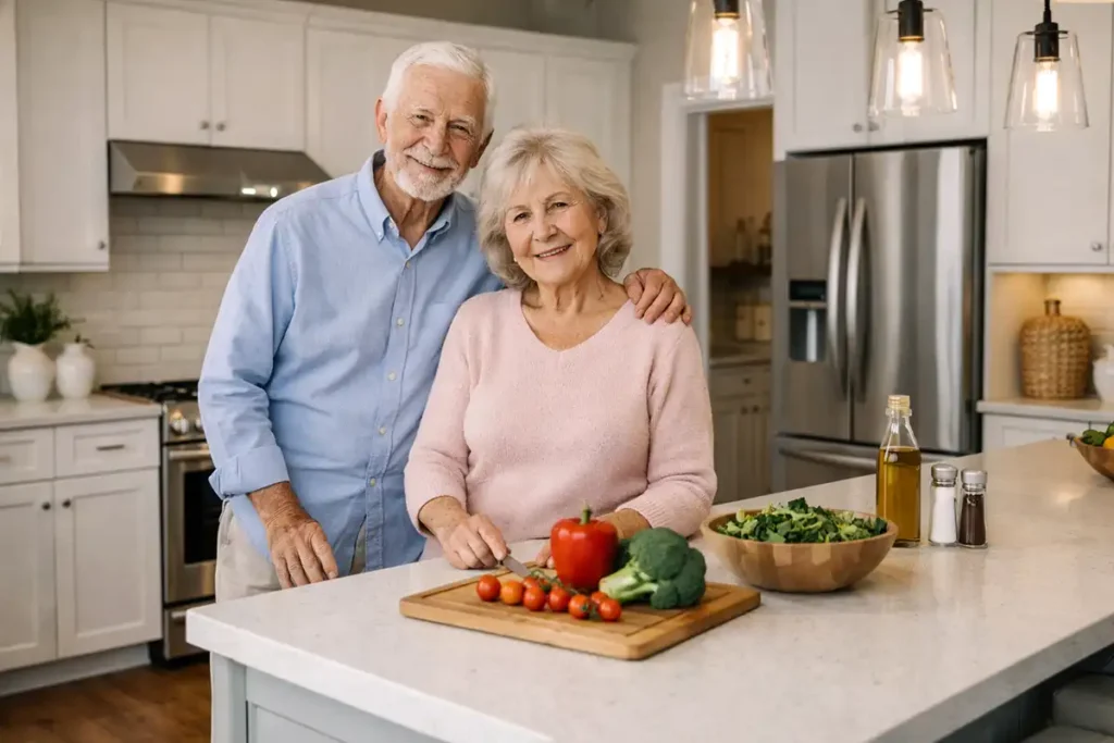 Elderly couple preparing food in their kitchen
